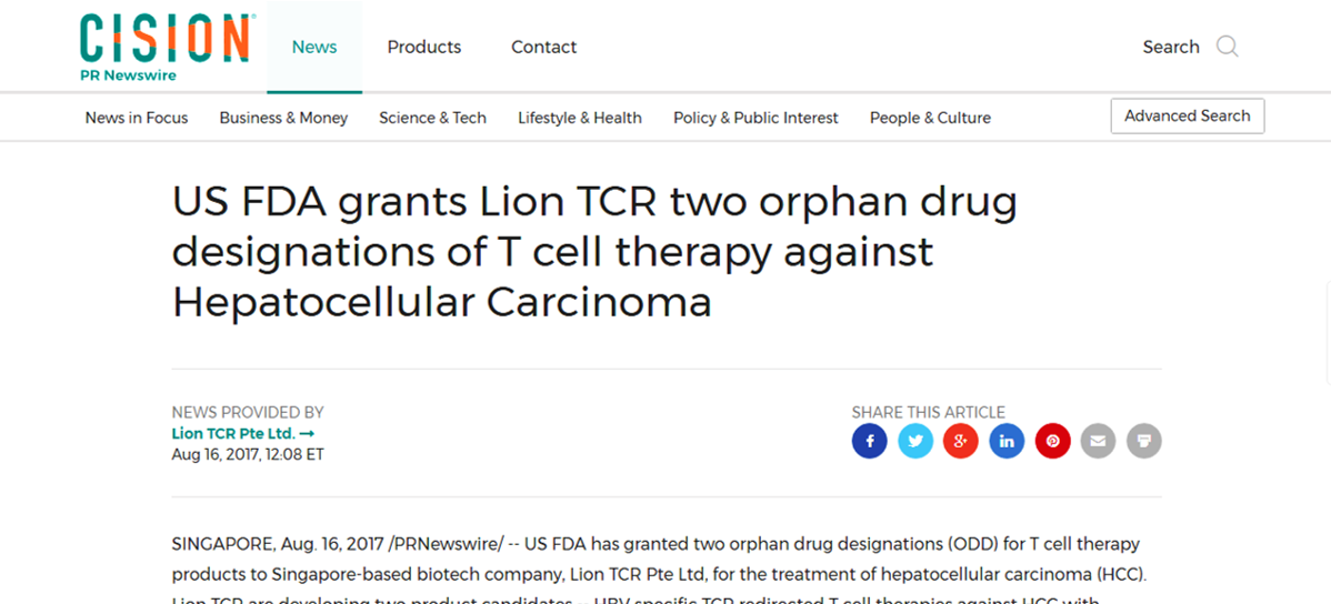 US FDA Grants Lion TCR two orphan drug designations of T cell therapy against Hepatocellular Carcinoma